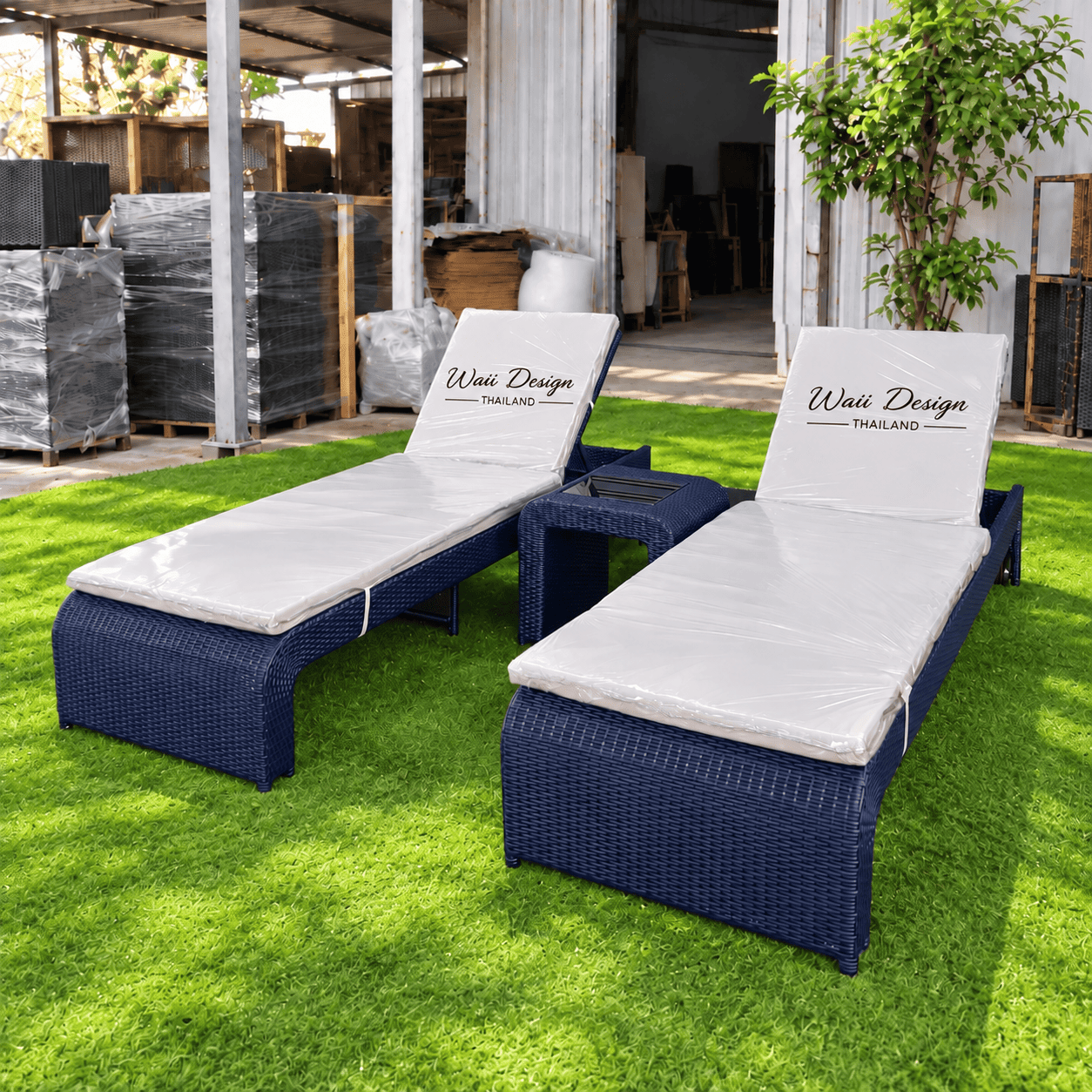 Branded Navy Loungers in a Sunny Warehouse Yard