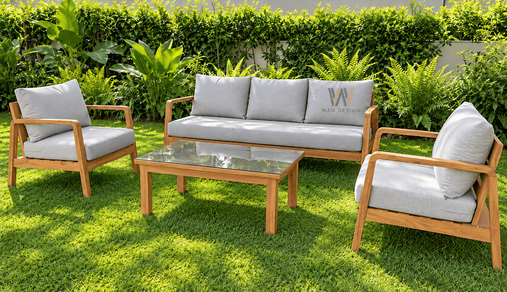 Sunny Teak Patio Set on Lush Lawn